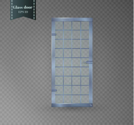 Transparent clear glass door isolated on transparent checkered background. Mock up entrance door for shop or fashion boutique. Vector illustrationのイラスト素材