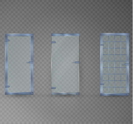 Transparent clear glass door isolated on transparent checkered background. Mock up entrance door for shop or fashion boutique. Vector illustrationのイラスト素材