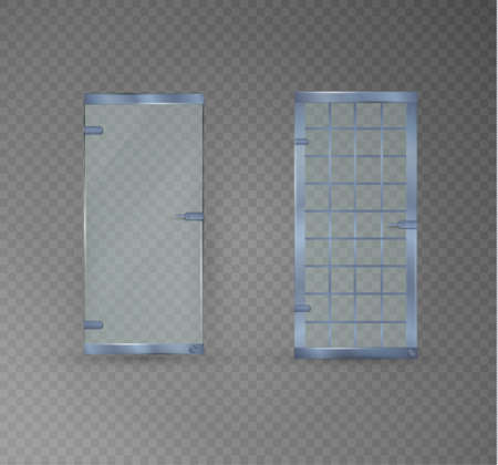 Transparent clear glass door isolated on transparent checkered background. Mock up entrance door for shop or fashion boutique. Vector illustrationのイラスト素材