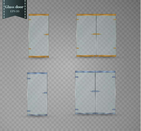 Transparent clear glass door isolated on transparent checkered background. Mock up entrance door for shop or fashion boutique. Vector illustrationのイラスト素材