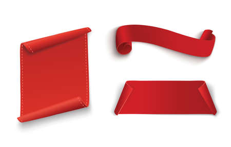 Set of red scrolls.banner label.wrapped paper.vector illustration with reflection.のイラスト素材