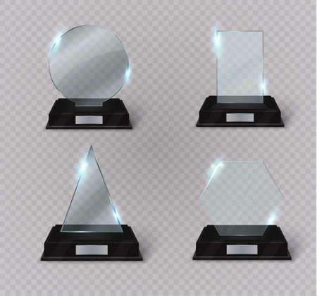Blank glass trophy award on a transparent background. Glossy trophy for illustration award.realistic empty.black stand 3D .vectorのイラスト素材