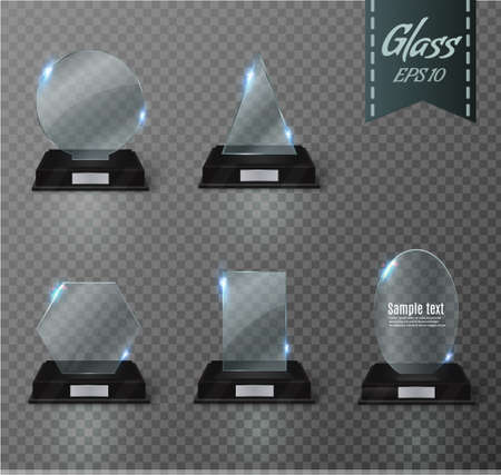 Blank glass trophy award on a transparent background. Glossy trophy for illustration award.realistic empty.black stand 3D .vectorのイラスト素材