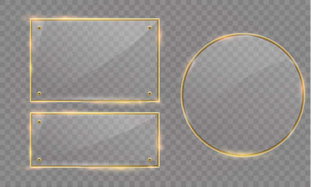Vector glass modern banner set with shiny golden metallic frame on transparent backgroundのイラスト素材