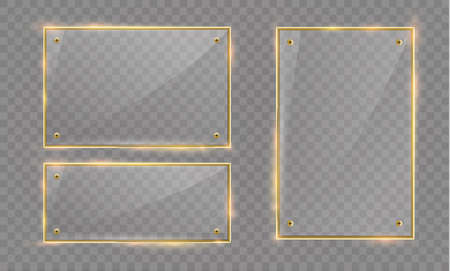 Vector glass modern banner set with shiny golden metallic frame on transparent backgroundのイラスト素材