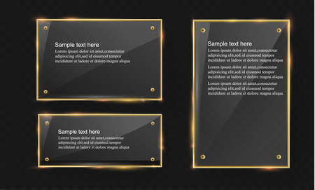 Vector glass modern banner set with shiny golden metallic frame on transparent backgroundの写真素材
