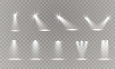 Realistic white gray glowing spotlights on transparent laid background.のイラスト素材