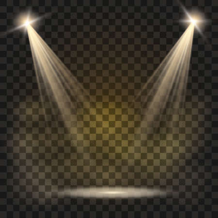 Realistic white gray glowing spotlights on transparent laid background. Theater studio, scene illumination. Magic, bright, gradient light effects.のイラスト素材