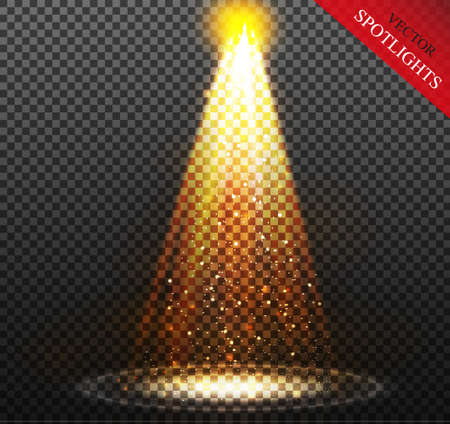 Realistic white gray glowing spotlights on transparent laid background. Theater studio, scene illumination. Magic, bright, gradient light effects.のイラスト素材