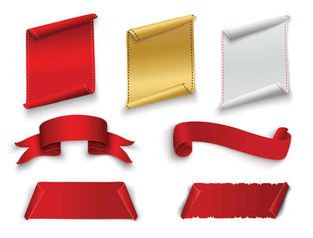 Set of red curved paper blank banners isolated on transparent background. Vector illustration.のイラスト素材