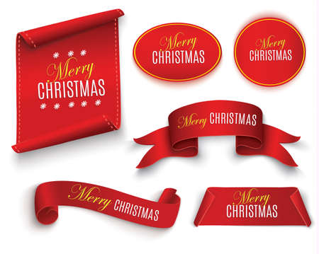 Red realistic detailed curved paper Merry Christmas banner isolated on white background. Vector illustrationのイラスト素材