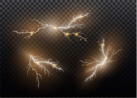 A set of lightning Magic and bright light effects. Vector illustration. Discharge electric current. Charge current. Natural phenomena. Energy effect illustration. Bright light flare and sparksのイラスト素材