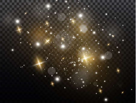 White sparks and golden stars glitter special light effect. Vector sparkles on transparent background.のイラスト素材