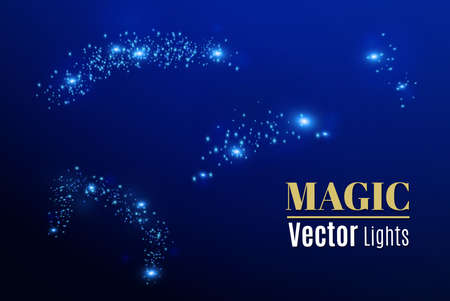 A set of lightning magic and bright light effects vector illustration. Discharge electric current, charge current. Natural phenomena energy effect illustration bright light flare and sparks.のイラスト素材