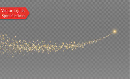 yellow sparks and stars shine with special light. Sparkling magical dust particles. The effect of a flare flare with a beam of light and magical brilliance. A comet on the skyのイラスト素材