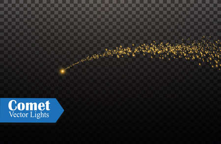 yellow sparks and stars shine with special light. Sparkling magical dust particles. The effect of a flare flare with a beam of light and magical brilliance. A comet on the skyのイラスト素材