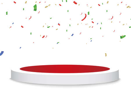 Celebration background template with pedestal, confetti and colorful ribbons. Vector illustration.のイラスト素材