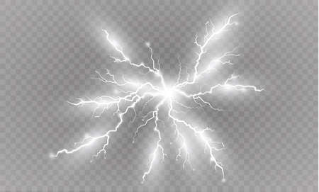 A set of lightning Magic and bright light effects. Vector illustration. Discharge electric current. Charge current. Natural phenomena. Energy effect illustration. Bright light flare and sparksのイラスト素材