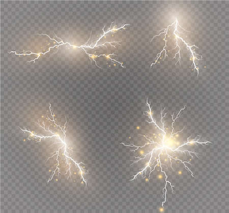 A set of lightning Magic and bright light effects. Vector illustration. Discharge electric current. Charge current. Natural phenomena.のイラスト素材