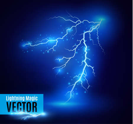 A set of lightning magic and bright light effects. Vector illustration. Discharge electric current. Charge current. Natural phenomena. Energy effect illustration. Bright light flare and sparks.のイラスト素材