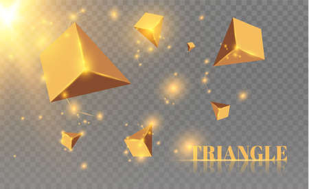 Yellow realistic triangles and golden light effects. 3D effect motion of flying triangles vector illustration. For cover book, brochure, flyer, poster, magazine, CD cover design.のイラスト素材