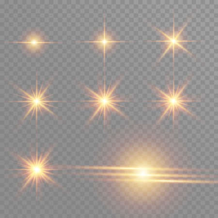 Yellow glowing light burst explosion on transparent background vector illustration light effect decoration with ray. Bright star translucent shine sun, bright flare.のイラスト素材