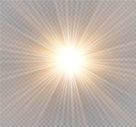 Yellow glowing light burst explosion on transparent background. Vector illustration light effect decoration with ray. Bright star. Translucent shine sun, bright flare.のイラスト素材