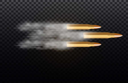 Flying bullet with dust trail. Isolated on black transparent background. Vector illustration