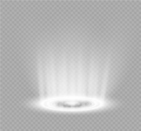 Magic portal of fantasy. Futuristic teleport. Light effect. Light rays of the night scene and sparks on a transparent background. Empty light effect of the podium. Disco club of the dance floor.のイラスト素材