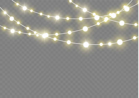 Christmas lights isolated realistic design elements. Glowing lights for Xmas Holiday cards, banners, posters, web design. Garlands decorations. Led neon lamp.のイラスト素材