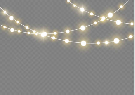 Christmas lights isolated realistic design elements. Glowing lights for Xmas Holiday cards, banners, posters, web design. Garlands decorations. Led neon lamp.のイラスト素材