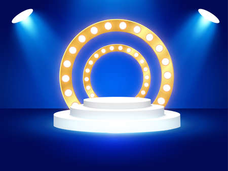 Stage podium with lighting, Stage Podium Scene with for Award Ceremony on blue Background, Vector illustrationのイラスト素材