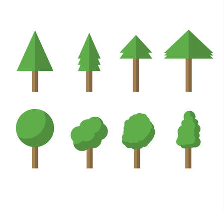 Collection of trees illustrations. Can be used to illustrate any nature or healthy lifestyle topic. Flowers, grass, big and small trees, leakage, bush, landscape, garden, park, elements.のイラスト素材