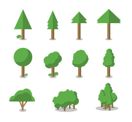Collection of trees illustrations. Can be used to illustrate any nature or healthy lifestyle topic. Flowers, grass, big and small trees, leakage, bush, landscape, garden, park, elements.のイラスト素材