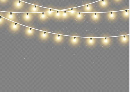 Christmas lights isolated realistic design elements. Glowing lights for Xmas Holiday cards, banners, posters, web design. Garlands decorations. Led neon lamp.のイラスト素材