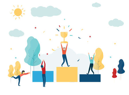 vector illustration. The winner stands on the podium at the first and holds a reward. prize for the...