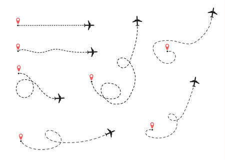 The airplane is in a dotted line. The flying apartment is black. The waypoint is for a tourist trip. and his track on a white background. Vector illustration.tourism and travel.のイラスト素材