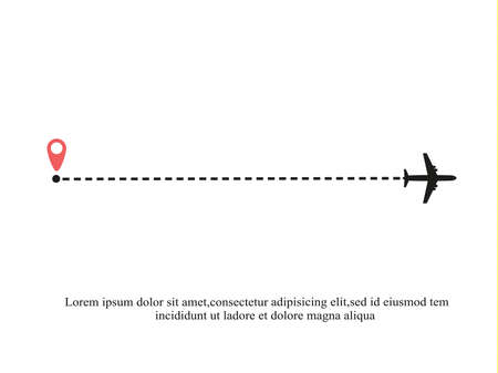 The airplane is in a dotted line. The flying apartment is black. The waypoint is for a tourist trip. and his track on a white background. Vector illustration.tourism and travel.のイラスト素材
