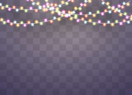 Christmas lights isolated realistic design elements. Glowing lights for Xmas Holiday cards, banners, posters, web design. Garlands decorations. Led neon lampのイラスト素材