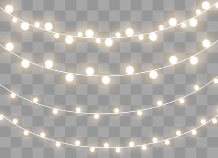 Christmas lights isolated realistic design elements. Glowing lights for Xmas Holiday cards, banners, posters, web design. Garlands decorations. Led neon lampのイラスト素材