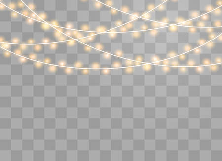 Christmas lights isolated realistic design elements. Glowing lights for Xmas Holiday cards, banners, posters, web design. Garlands decorations. Led neon lampのイラスト素材