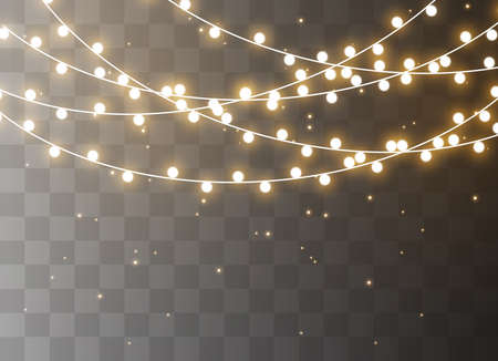 Christmas lights isolated realistic design elements. Glowing lights for Xmas Holiday cards, banners, posters, web design. Garlands decorations. Led neon lampのイラスト素材