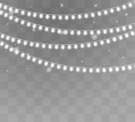 Christmas lights isolated realistic design elements. Glowing lights for Xmas Holiday cards, banners, posters, web design. Garlands decorations. Led neon lampのイラスト素材