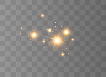 The dust is yellow. yellow sparks and golden stars shine with special light. Vector sparkles on a transparent background. Christmas light effect. Sparkling magical dust particles.のイラスト素材