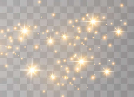 The dust is yellow. yellow sparks and golden stars shine with special light. Vector sparkles on a transparent background. Christmas light effect. Sparkling magical dust particles.のイラスト素材