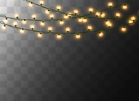 Christmas lights isolated realistic design elements. Glowing lights for Xmas Holiday cards, banners, posters, web design. Garlands decorations. Led neon lampのイラスト素材