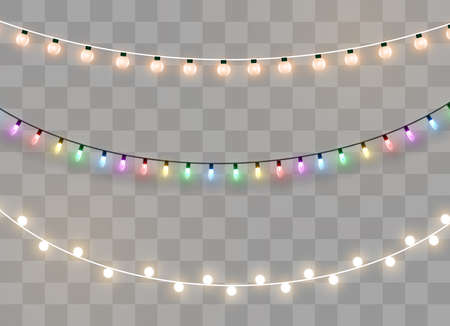 Christmas lights isolated realistic design elements. Glowing lights for Xmas Holiday cards, banners,...