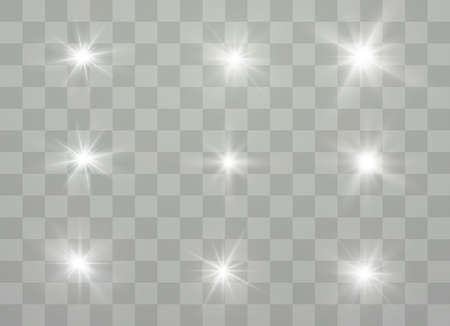 White glowing light explodes on a transparent background. Sparkling magical dust particles. Bright Star. Transparent shining sun, bright flash. Vector sparkles. To center a bright flash.のイラスト素材