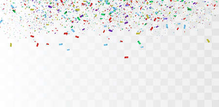 Colorful bright confetti isolated on transparent background. Festive vector illustration. Colorful confetti on a beautiful background. Celebration and party.のイラスト素材