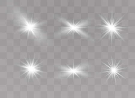 Light flare special effect with rays of light and magic sparkles. Glow transparent vector light effect set, explosion, glitter, spark, sun flash, burst.のイラスト素材